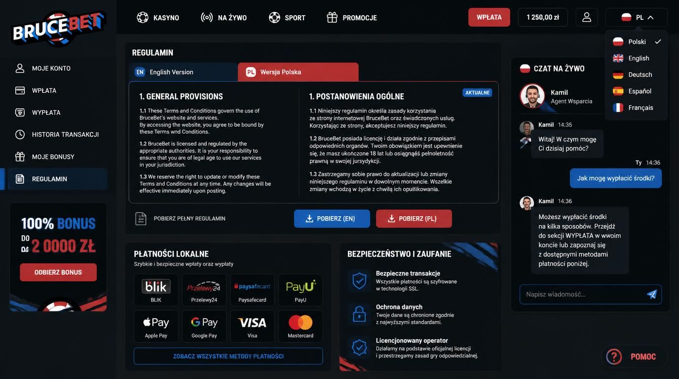 Brak pełnej lokalizacji kasyna, fragmenty angielskiego i polskiego